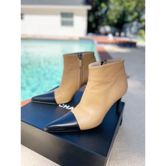 CHANEL Shoes - Chanel Bi-Color Cap Point Toe Short Boots in Tan